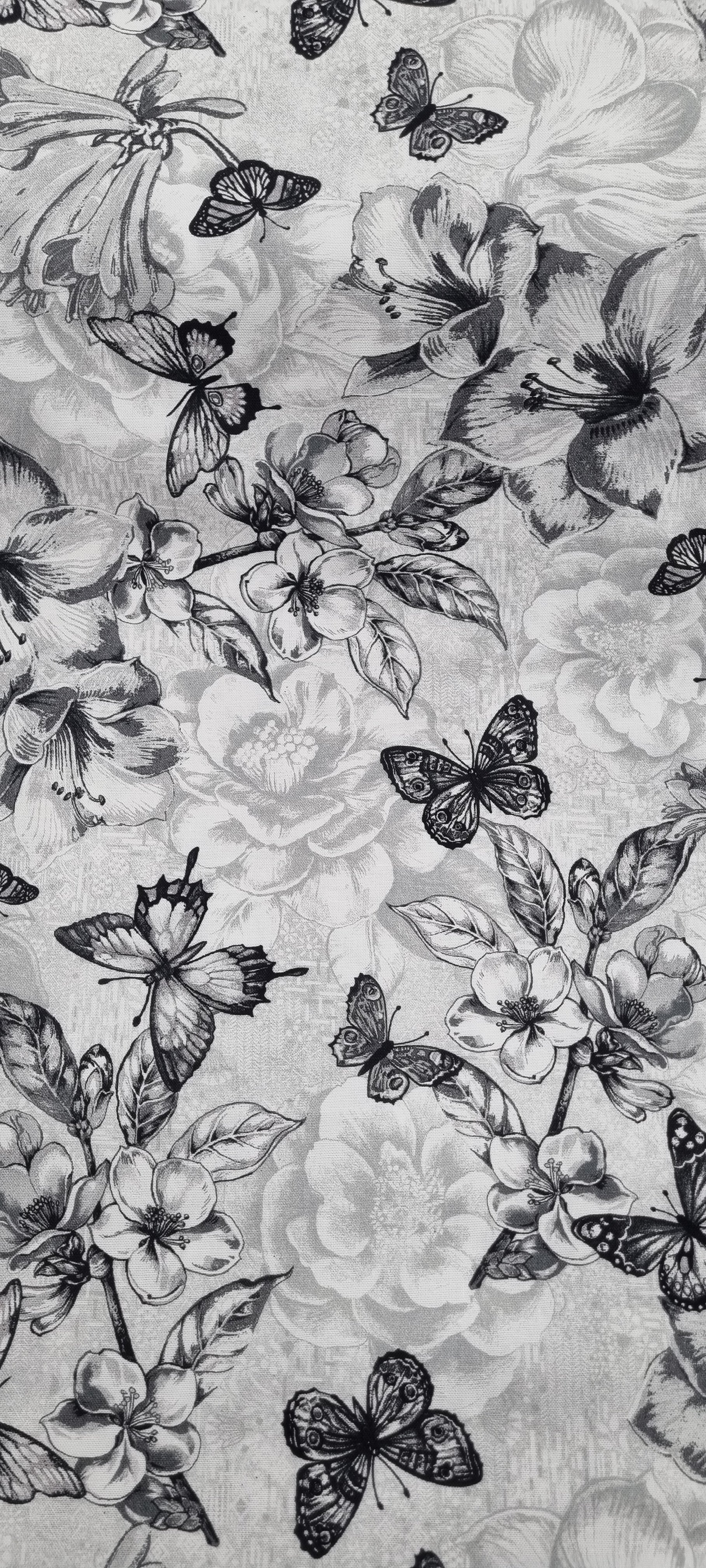 Mono Butterfly & floral 108" backing-black/Gray