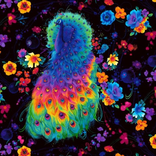 Glow Rainbow Peacock and Flowers - Black